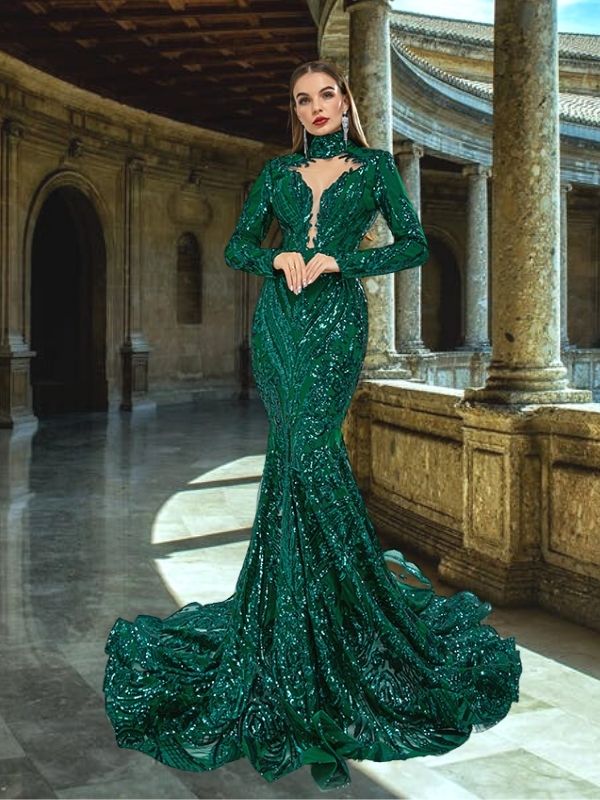 Luxurious Emerald High-neck Long Sleeves Sequin Lace Mermaid Long Prom SposaBridal Luxurious Emerald High-neck Long Sleeves Sequin Lace Mermaid Long Prom SposaBridal