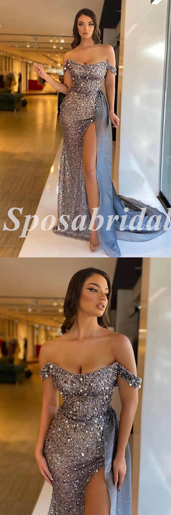 Sexy Sequin Off Shoulder Sleeveless Side Slit Mermaid Long Prom Dresses,PD3658