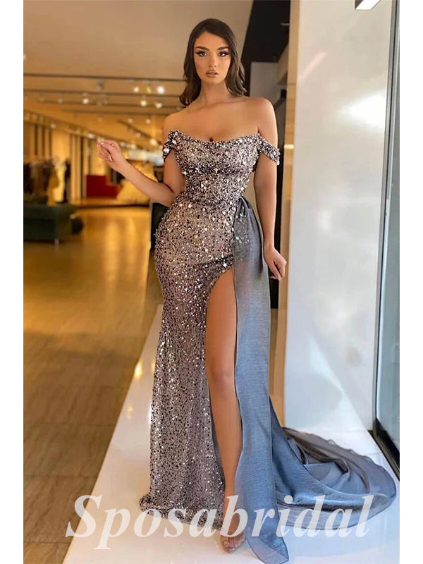 Sexy Sequin Off Shoulder Sleeveless Side Slit Mermaid Long Prom Dresses,PD3658