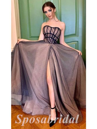 Sexy Sequin Tulle Sweetheart Sleeveless Side Slit A-Line Long Prom Dresses,PD3632