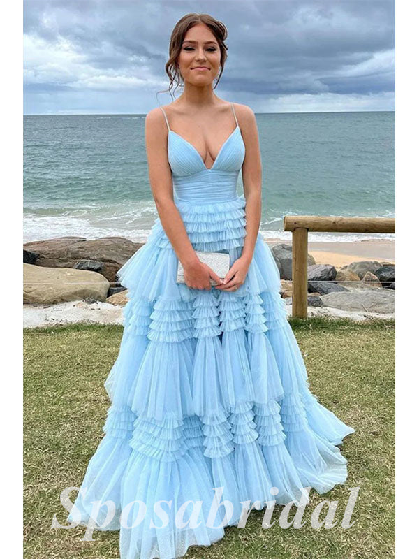 Sexy Tulle Spaghetti Straps V-Neck A-Line Long Prom Dresses,PD3667