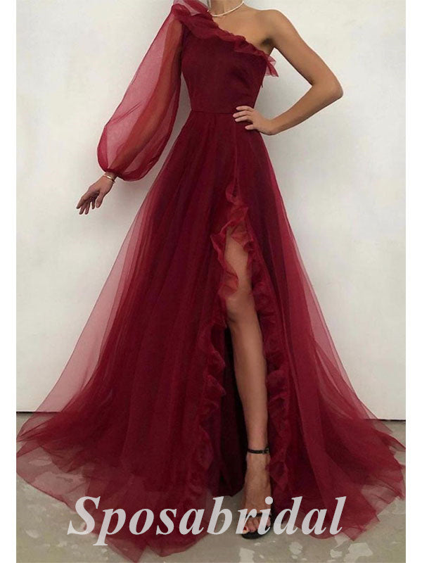 Sexy Tulle One Shoulder Long Sleeves Side Slit A-Line Long Prom Dresses,PD3696