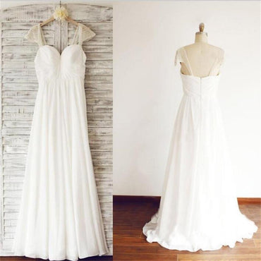 Cap Sleeve Elegant Sea Beach Cheap Chiffon Wedding Dresses With Beading, WD0176 - SposaBridal