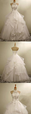 High Neck Elegant Gorgeous Charming Lace Appliques Organza Wedding Dresses, WD164