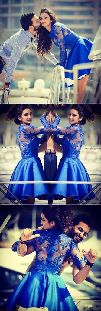 Blue lace long sleeves most popular junior  homecoming dresses for teen , BD00199 - SposaBridal