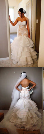 Elegant Lace Tiered Open Back Strapless Mermaid Unique Custom Wedding Dress , PD0228