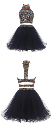 Sexy Two Pieces Open Back Black Homecoming Prom Dresses, CM0019