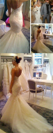 Sexy V Neck Mermaid  Cheap Spaghetti Straps Lace with Tulle train Backless Wedding Dress , PD0230