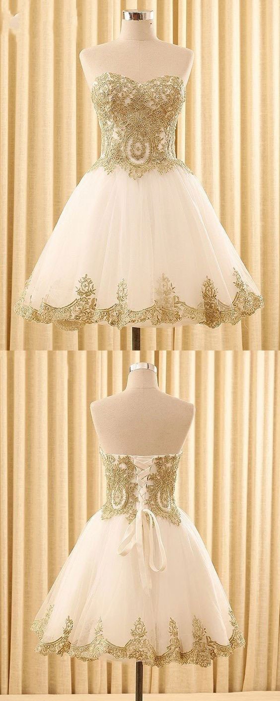 Sweetheart Gold Lace White Tulle Short Cheap Homecoming Dresses Online SposaBridal Sweetheart Gold Lace White Tulle Short Cheap Homecoming Dresses Online SposaBridal