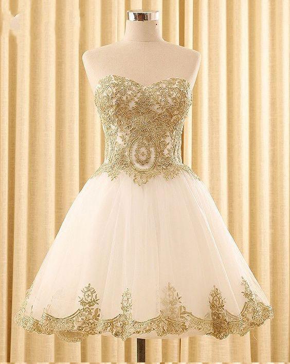 Sweetheart Gold Lace White Tulle Short Cheap Homecoming Dresses Online SposaBridal Sweetheart Gold Lace White Tulle Short Cheap Homecoming Dresses Online SposaBridal