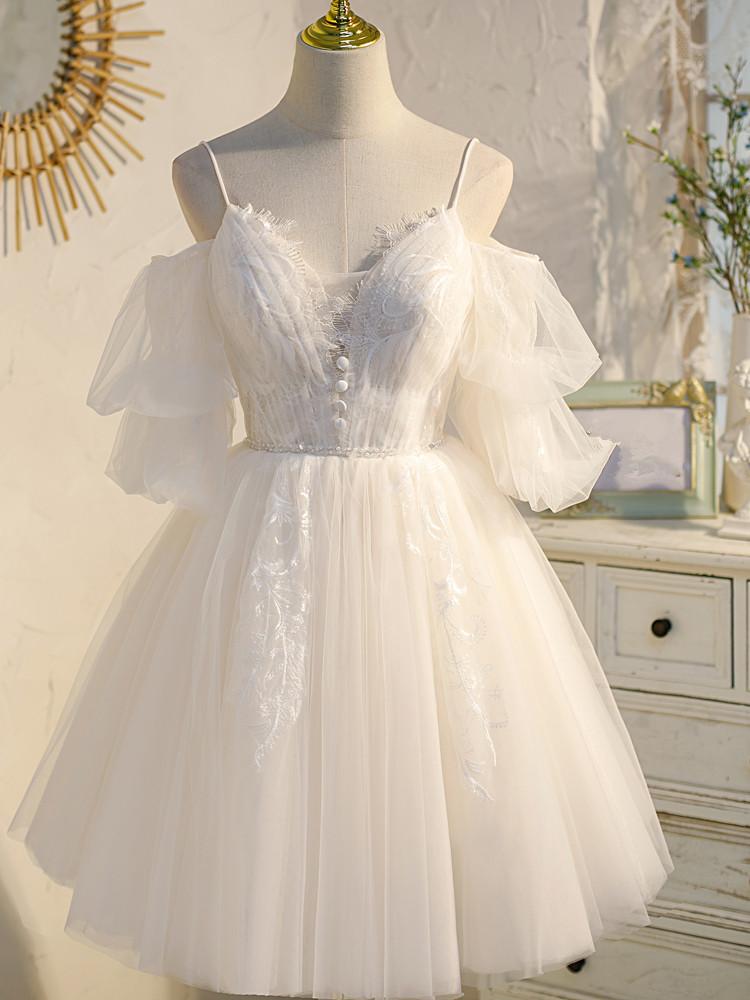 Spaghetti Straps Ruffle Sleeves Lace A-line Short Mini Wedding Dress, –  SposaBridal
