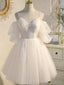Spaghetti Straps Ruffle Sleeves Lace A-line Short Mini Wedding Dress, WD3016