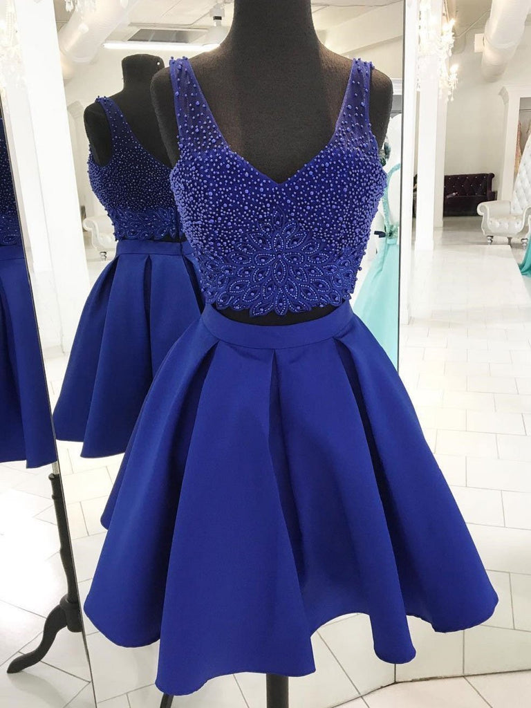 V Neck Beaded Royal Blue Two Piece Homecoming Dresses 2018, CM500 SposaBridal V Neck Beaded Royal Blue Two Piece Homecoming Dresses 2018, CM500 SposaBridal