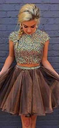 Brown Two Pieces Cap Sleeve Beaded Short Cheap Homecoming Dresses Online, CM583 - SposaBridal