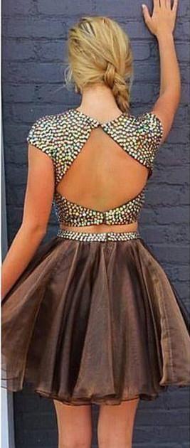 Brown Two Pieces Cap Sleeve Beaded Short Cheap Homecoming Dresses Online, CM583 - SposaBridal