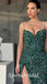 Sexy Drak Green Sequin Spaghetti Straps V-Neck Sleeveless Side Slit Mermaid Long Prom Dresses,PD3643
