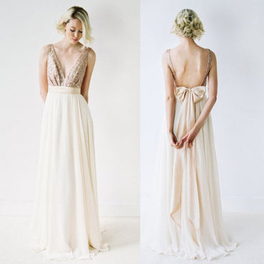 2019 Chiffon Top Sequin Prom Dress V-Neck Junior Pretty Long Bridesmaid Dresses with Bow, WG05 - SposaBridal