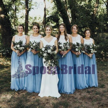 Long Sleeveless Scoop Top Lace Tulle Most Popular Free Custom Bridesmaid Dresses, PD0522