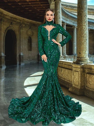 Luxurious Emerald High-neck Long Sleeves Sequin Lace Mermaid Long Prom Dress, PD3574