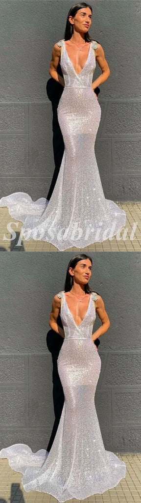 Sexy Special Fabric Spaghetti Straps V-Neck Sleeveless Mermaid Long Prom Dresses,PD3633