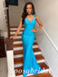 Sexy Satin Spaghetti Straps V-Neck Sleeveless Mermaid Long Prom Dresses With Feather,PD3657