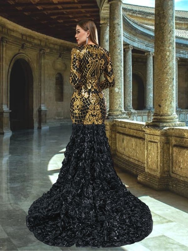 Luxurious Long Sleeves V-neck Gold Lace Black-rose Trumpet Mermaid Lon SposaBridal Luxurious Long Sleeves V-neck Gold Lace Black-rose Trumpet Mermaid Lon SposaBridal