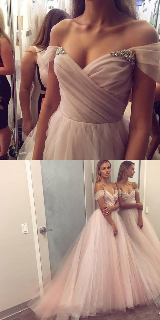 Sexy Blush Pink Off Shoulder Sweetheart A-line Tulle Long Prom Dress, PD0602