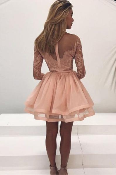 Charming Lace Long Sleeves Illusion Short Cheap Homecoming Dresses 2018, CM545 - SposaBridal