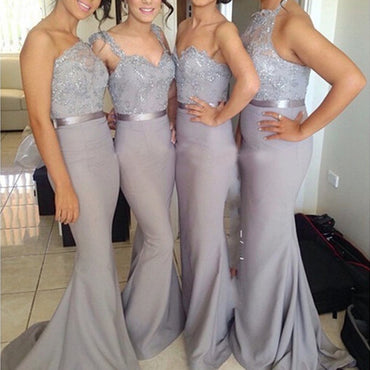 Charming Popular Four Differnt Styles Mismatched Lace Grey Sexy Mermaid Long Bridesmaid Dresses, WG62 - SposaBridal