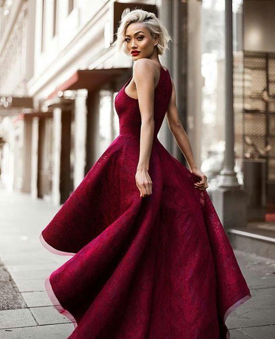 Halter Elegant High-low Burgundy Red Lace Homecoming Dresses, CM511