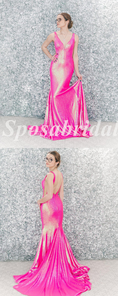 Sexy Special Fabric Spaghetti Straps V-Neck Sleeveless Mermaid Long Prom Dresses,PD3656
