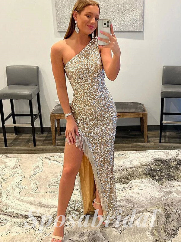 Sexy Sequin One Shoulder Sleeveless Side Slit Mermaid Long Prom Dresses, PD3617