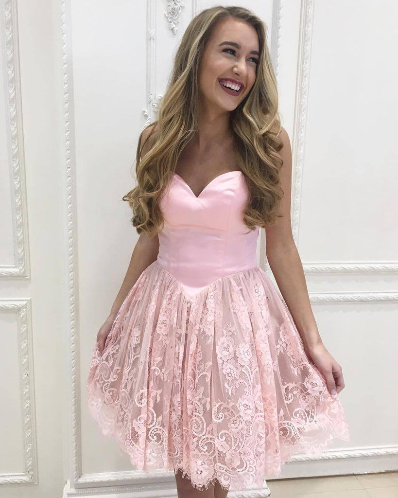 Custom Sweetheart Short Pink Lace A-line Homecoming Dresses, CM522