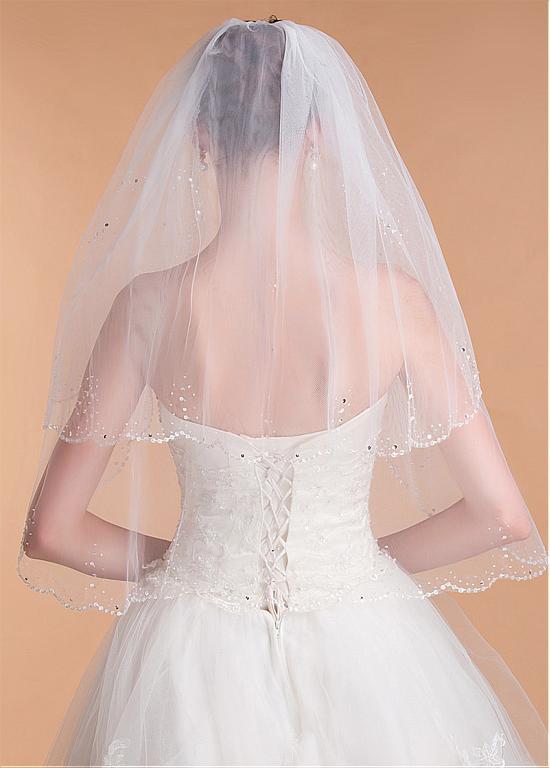 Shinning Tulle Double Layer Short Wedding Veil With Beading ,WV0124
