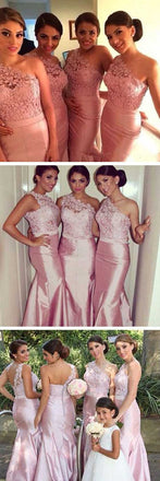 Charming One Shoulder Mermaid Sexy Junior Pink  Impressive Long Bridesmaid Dresses, WG93 - SposaBridal