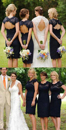 Charming  Lace Navy Blue Open Back Knee-Length Short Mini  Cheap Bridesmaid Dresses, WG095 - SposaBridal