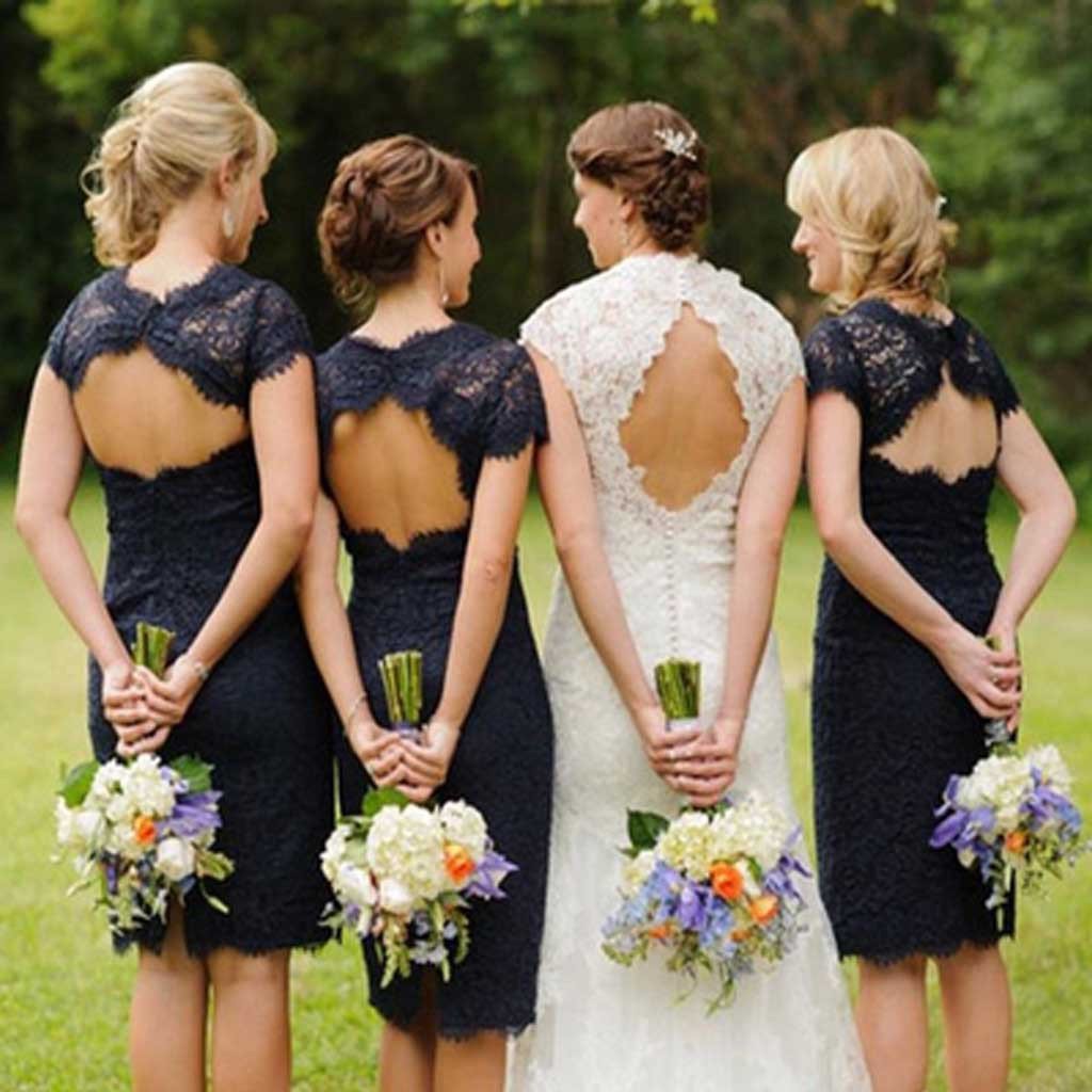 Charming  Lace Navy Blue Open Back Knee-Length Short Mini  Cheap Bridesmaid Dresses, WG095 - SposaBridal