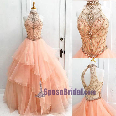Halter High Neck Long Prom Gown, Beaded Open Back Elegant Formal Prom Dresses, PD0636