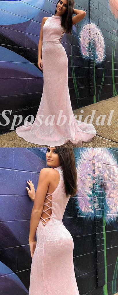 Sexy Special Fabric High Neck Sleeveless Mermaid Long Prom Dresses, PD3623