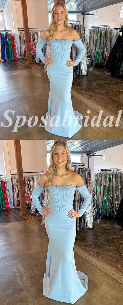Sexy Jersey Off Shoulder Long Sleeve Mermaid Long Prom Dresses With Bone and Beading,PD3672