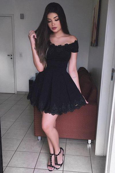 Off Shoulder Black Lace Simple Cheap Short Homecoming Dresses 2018, Li SposaBridal Off Shoulder Black Lace Simple Cheap Short Homecoming Dresses 2018, Li SposaBridal
