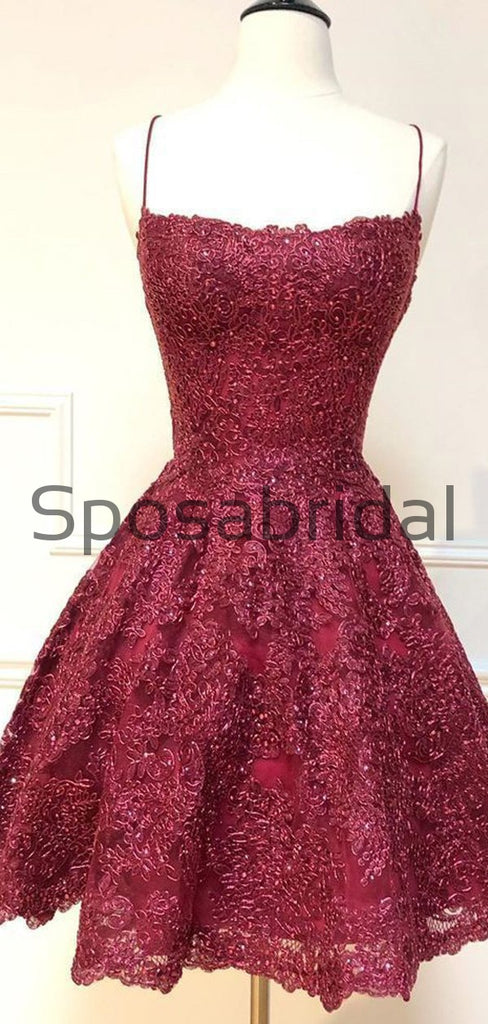 A-Line Burgundy Lace Modest Unique Homecoming Dresses BD0422