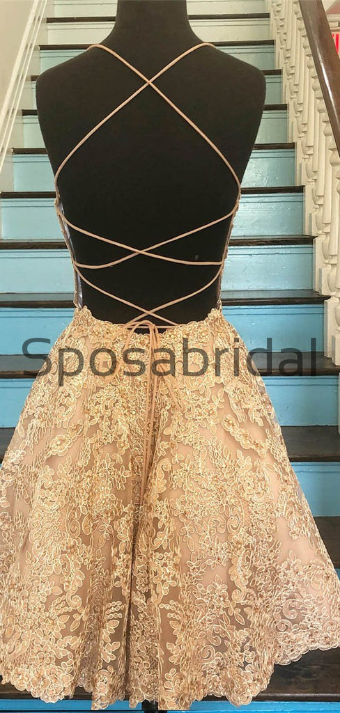 A-Line Champagne Lace Modest Unique Homecoming Dresses BD0423