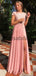 A-Line Pink Cap Sleeves Chiffon Popular Sexy Evening Elegant Prom Dresses PD2293
