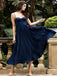 A-Line Sweetheart Spaghetti Straps Pleated Navy Blue Satin Prom Party Dresses, PD0950