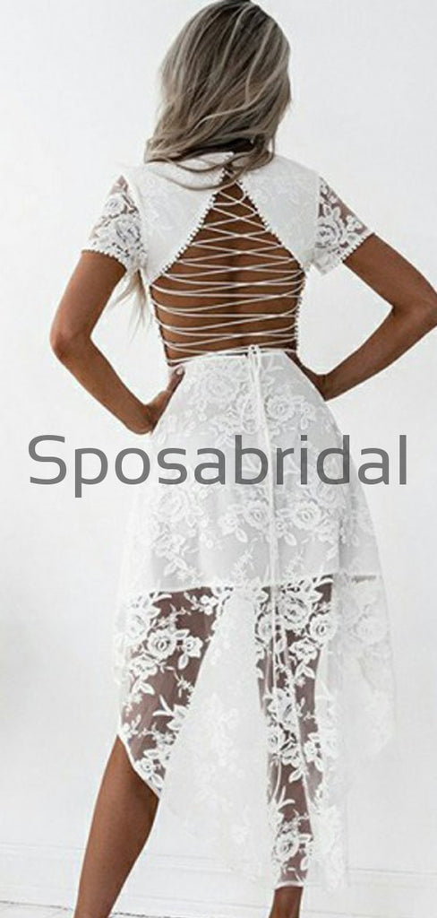 A-Line V-Neck Short Sleeves White Lace Hi-Lo Homecoming Dresses BD0437