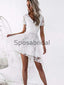 A-Line V-Neck Short Sleeves White Lace Hi-Lo Homecoming Dresses BD0437