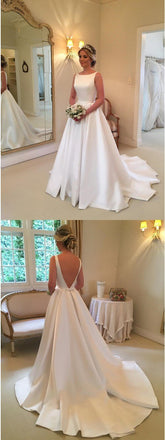 A-Line Bateau Backless Sweep Train White Satin Wedding Dress with Sash, Unique Design Bridal Gown, WD0035 - SposaBridal