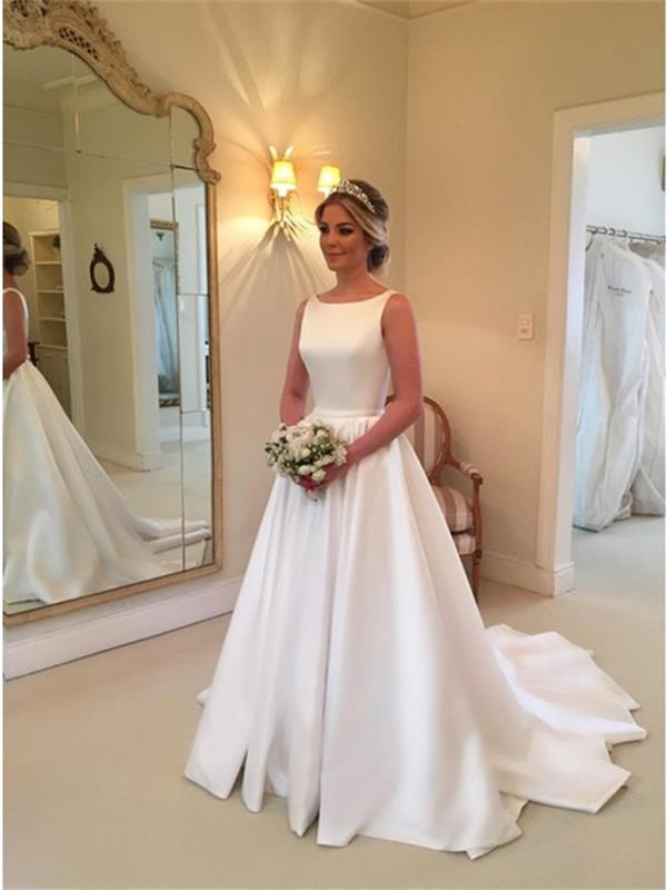 A-Line Bateau Backless Sweep Train White Satin Wedding Dress with Sash SposaBridal A-Line Bateau Backless Sweep Train White Satin Wedding Dress with Sash SposaBridal