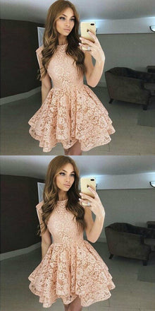 A-Line Bateau  Blush Full Lace Junior Cheap Short Cute Homecoming Dresses, BD0240 - SposaBridal
